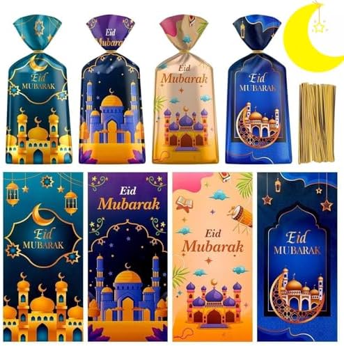 100 Piezas de Bolsas de Regalo para Ramadan - Bolsas de Celofán Eid Mubarak, 4 Estilos de Bolsas de Dulces con Cierres Dorados para Fiesta Islámica - imagen 1