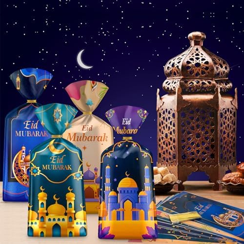 100 Piezas de Bolsas de Regalo para Ramadan - Bolsas de Celofán Eid Mubarak, 4 Estilos de Bolsas de Dulces con Cierres Dorados para Fiesta Islámica - imagen 2