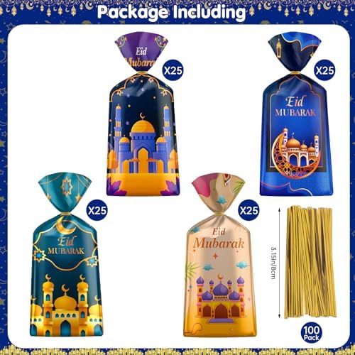 100 Piezas de Bolsas de Regalo para Ramadan - Bolsas de Celofán Eid Mubarak, 4 Estilos de Bolsas de Dulces con Cierres Dorados para Fiesta Islámica - imagen 4