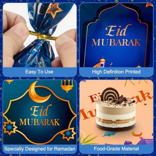 100 Piezas de Bolsas de Regalo para Ramadan - Bolsas de Celofán Eid Mubarak, 4 Estilos de Bolsas de Dulces con Cierres Dorados para Fiesta Islámica - imagen 5