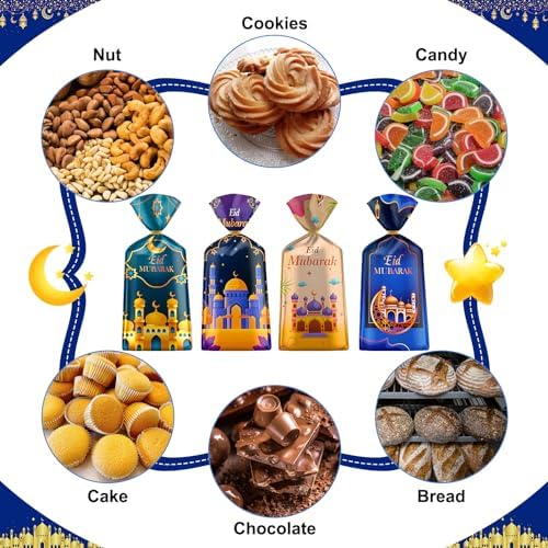 100 Piezas de Bolsas de Regalo para Ramadan - Bolsas de Celofán Eid Mubarak, 4 Estilos de Bolsas de Dulces con Cierres Dorados para Fiesta Islámica - imagen 6