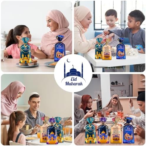 100 Piezas de Bolsas de Regalo para Ramadan - Bolsas de Celofán Eid Mubarak, 4 Estilos de Bolsas de Dulces con Cierres Dorados para Fiesta Islámica - imagen 7