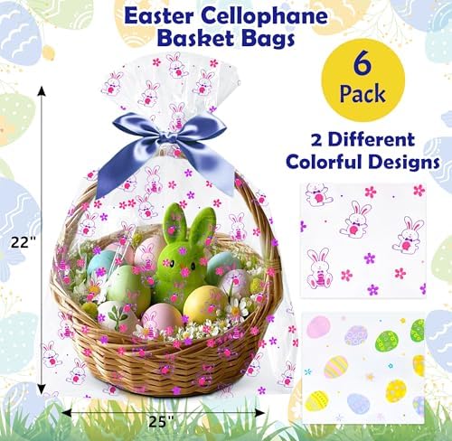 Bolsas de Celofán para Cestas de Pascua Gift Boutique, Paquete de 6, 22 x 25 Pulgadas, con Diseño de Conejito, Pollito y Huevos, con Cierres de - imagen 2