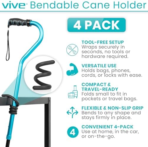 Soporte Flexible para Bastón Vive - Paquete de 4 - Soporte para Mesa, Gancho de Fijación para Andador, Scooter de Movilidad y Silla de Ruedas - - imagen 2