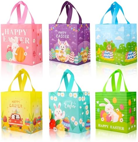 Paquete de 6 Bolsas de Regalo de Pascua con Asas - Bolsas Reutilizables de Tela No Tejida para Niños, Lindas con Conejo y Huevo, Grandes para - imagen 1