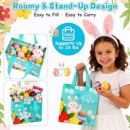 Paquete de 6 Bolsas de Regalo de Pascua con Asas - Bolsas Reutilizables de Tela No Tejida para Niños, Lindas con Conejo y Huevo, Grandes para - imagen 3