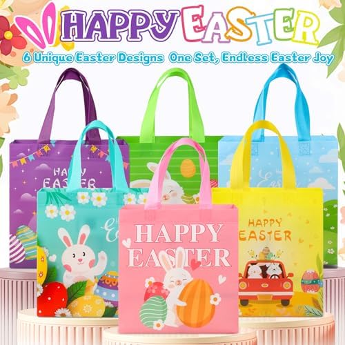 Paquete de 6 Bolsas de Regalo de Pascua con Asas - Bolsas Reutilizables de Tela No Tejida para Niños, Lindas con Conejo y Huevo, Grandes para - imagen 4
