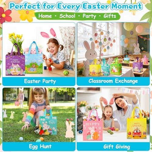 Paquete de 6 Bolsas de Regalo de Pascua con Asas - Bolsas Reutilizables de Tela No Tejida para Niños, Lindas con Conejo y Huevo, Grandes para - imagen 6
