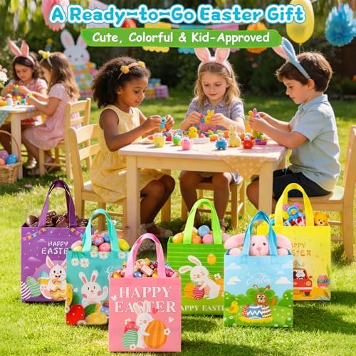 Paquete de 6 Bolsas de Regalo de Pascua con Asas - Bolsas Reutilizables de Tela No Tejida para Niños, Lindas con Conejo y Huevo, Grandes para - imagen 7