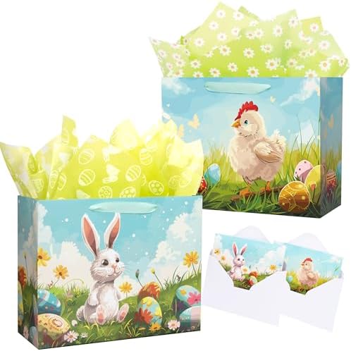 Bolsa de Regalo de Pascua ysmile con Papel de Regalo 13 Grande, Bolsa de Papel con Asa, Diseño de Pollito, Huevo y Conejo, Paquete de 2 - imagen 1