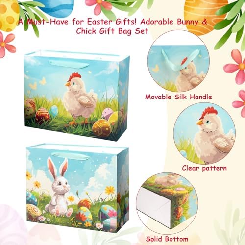 Bolsa de Regalo de Pascua ysmile con Papel de Regalo 13 Grande, Bolsa de Papel con Asa, Diseño de Pollito, Huevo y Conejo, Paquete de 2 - imagen 4