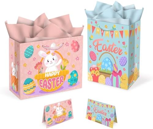 Bolsas de Regalo PARSUP para Pascua 2 Piezas, 13 x 10.2 x 4.9 in, con Tarjetas y Papel de Seda, Bolsas de Papel para Fiestas de Primavera - imagen 1