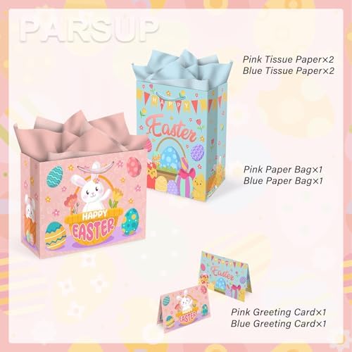 Bolsas de Regalo PARSUP para Pascua 2 Piezas, 13 x 10.2 x 4.9 in, con Tarjetas y Papel de Seda, Bolsas de Papel para Fiestas de Primavera - imagen 3