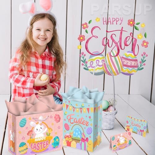 Bolsas de Regalo PARSUP para Pascua 2 Piezas, 13 x 10.2 x 4.9 in, con Tarjetas y Papel de Seda, Bolsas de Papel para Fiestas de Primavera - imagen 5