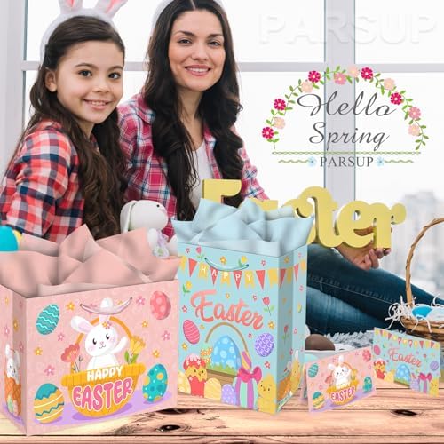 Bolsas de Regalo PARSUP para Pascua 2 Piezas, 13 x 10.2 x 4.9 in, con Tarjetas y Papel de Seda, Bolsas de Papel para Fiestas de Primavera - imagen 6