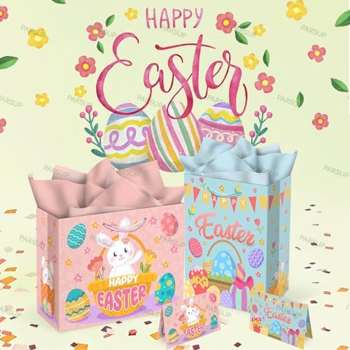 Bolsas de Regalo PARSUP para Pascua 2 Piezas, 13 x 10.2 x 4.9 in, con Tarjetas y Papel de Seda, Bolsas de Papel para Fiestas de Primavera - imagen 7