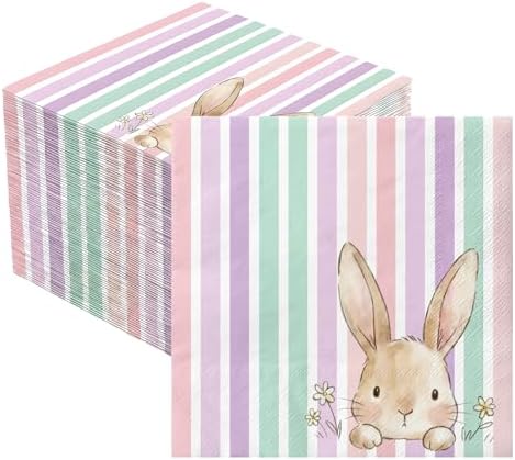 Yquqwn 50PCS Servilletas de Conejo de Pascua Vintage a Rayas Pastel para Decoración de Mesa de Primavera y Suministros para Fiesta de Pascua - imagen 1
