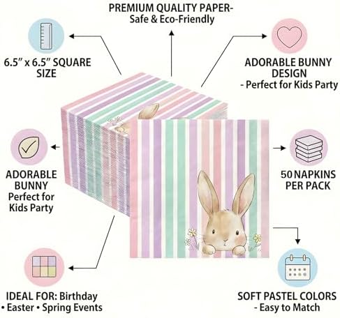 Yquqwn 50PCS Servilletas de Conejo de Pascua Vintage a Rayas Pastel para Decoración de Mesa de Primavera y Suministros para Fiesta de Pascua - imagen 3