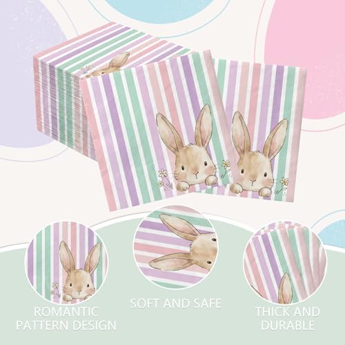 Yquqwn 50PCS Servilletas de Conejo de Pascua Vintage a Rayas Pastel para Decoración de Mesa de Primavera y Suministros para Fiesta de Pascua - imagen 4