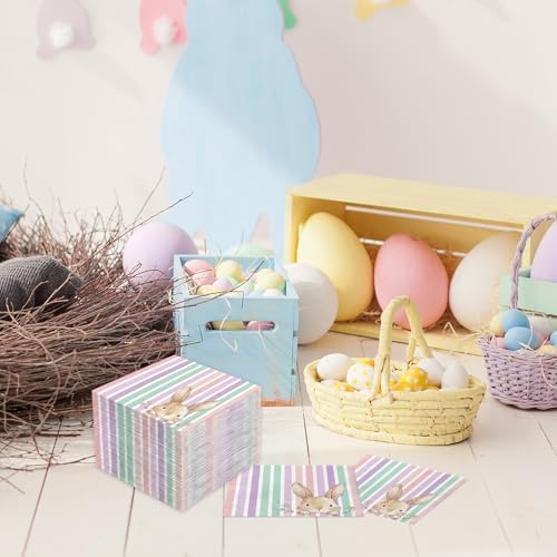 Yquqwn 50PCS Servilletas de Conejo de Pascua Vintage a Rayas Pastel para Decoración de Mesa de Primavera y Suministros para Fiesta de Pascua - imagen 5