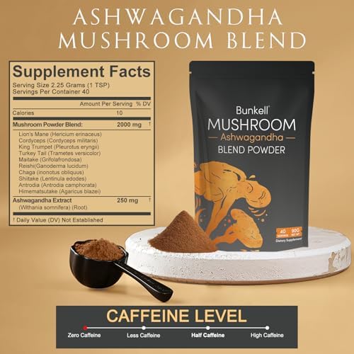 Polvo de Champiñones Adaptógenos Bunkell con Ashwagandha, Complejo de 10 Champiñones - Lion's Mane, Reishi, Chaga y Maitake - Apoyo Energético, - imagen 2