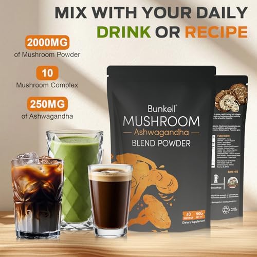 Polvo de Champiñones Adaptógenos Bunkell con Ashwagandha, Complejo de 10 Champiñones - Lion's Mane, Reishi, Chaga y Maitake - Apoyo Energético, - imagen 4