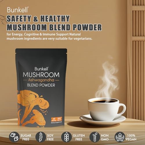 Polvo de Champiñones Adaptógenos Bunkell con Ashwagandha, Complejo de 10 Champiñones - Lion's Mane, Reishi, Chaga y Maitake - Apoyo Energético, - imagen 6