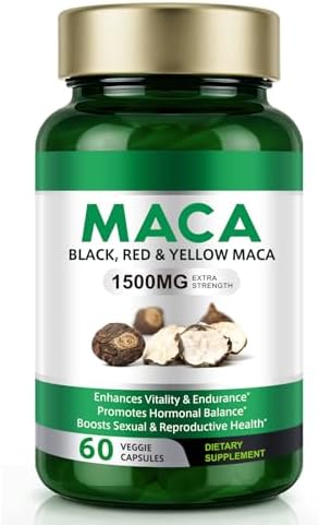 Cápsulas de Maca Vceeoy con Extracto de Pimienta Negra para Hombres y Mujeres, 1500 mg de Maca Negra, Roja y Amarilla, 60 Cápsulas Fáciles de Tragar - imagen 1