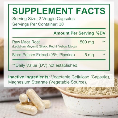 Cápsulas de Maca Vceeoy con Extracto de Pimienta Negra para Hombres y Mujeres, 1500 mg de Maca Negra, Roja y Amarilla, 60 Cápsulas Fáciles de Tragar - imagen 3