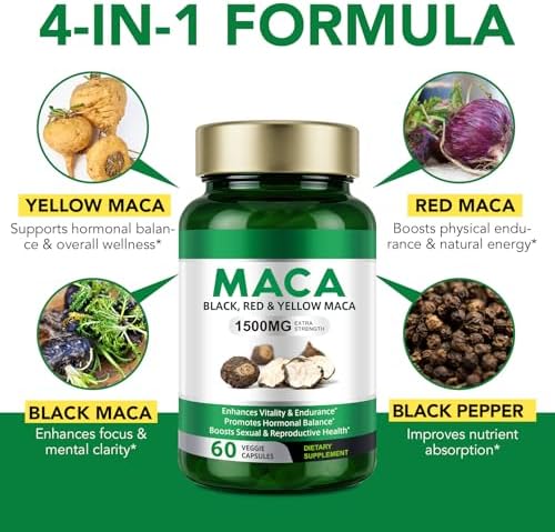 Cápsulas de Maca Vceeoy con Extracto de Pimienta Negra para Hombres y Mujeres, 1500 mg de Maca Negra, Roja y Amarilla, 60 Cápsulas Fáciles de Tragar - imagen 5
