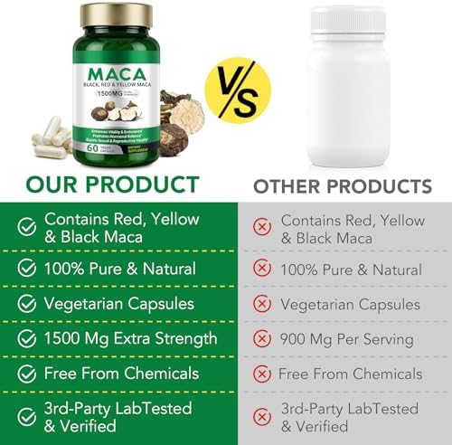 Cápsulas de Maca Vceeoy con Extracto de Pimienta Negra para Hombres y Mujeres, 1500 mg de Maca Negra, Roja y Amarilla, 60 Cápsulas Fáciles de Tragar - imagen 6