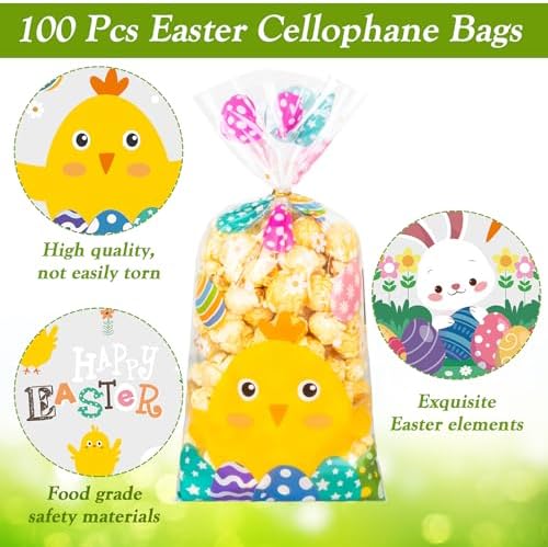 Bolsas de Celofán para Treats RICEDUO de Pascua, 100 Piezas, Bolsas Transparentes con Cierres, Sorpresas de Dulces para Fiestas de Primavera Infantil - imagen 3