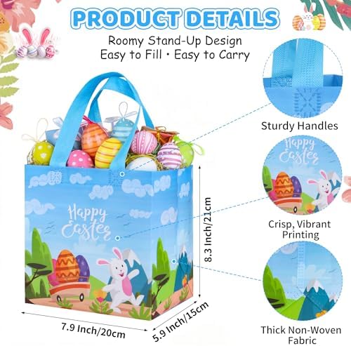 Bolsas de Regalo de Pascua QOIUSO de 6 Piezas con Asa – Tote Reutilizables de No Tejido para Niños – Grandes Bolsas de Conejo para Caza de Huevos, - imagen 2