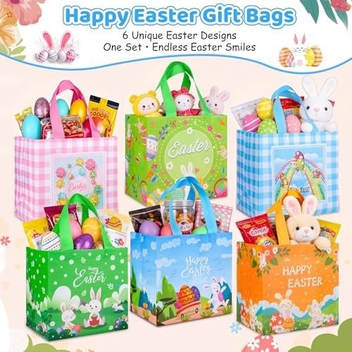 Bolsas de Regalo de Pascua QOIUSO de 6 Piezas con Asa – Tote Reutilizables de No Tejido para Niños – Grandes Bolsas de Conejo para Caza de Huevos, - imagen 3