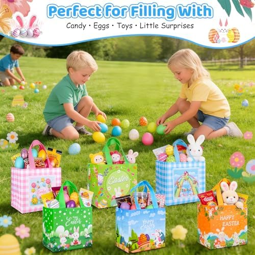 Bolsas de Regalo de Pascua QOIUSO de 6 Piezas con Asa – Tote Reutilizables de No Tejido para Niños – Grandes Bolsas de Conejo para Caza de Huevos, - imagen 5