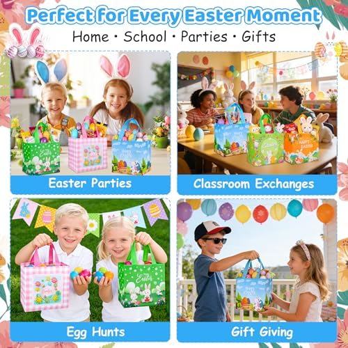 Bolsas de Regalo de Pascua QOIUSO de 6 Piezas con Asa – Tote Reutilizables de No Tejido para Niños – Grandes Bolsas de Conejo para Caza de Huevos, - imagen 6