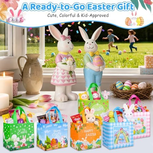 Bolsas de Regalo de Pascua QOIUSO de 6 Piezas con Asa – Tote Reutilizables de No Tejido para Niños – Grandes Bolsas de Conejo para Caza de Huevos, - imagen 7