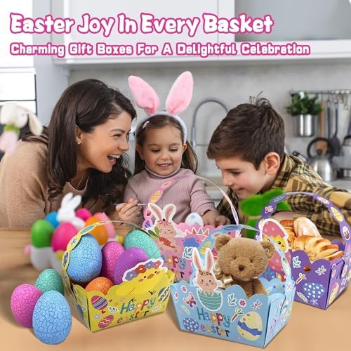 Paquete de 24 Canastas de Pascua para Niños, Cajas de Papel para Regalos con Asa, Bolsas para Dulces y Galletas, Ideal para Caza de Huevos y Fiestas - imagen 6