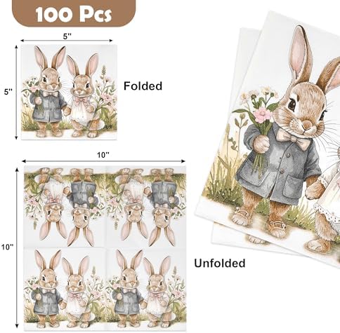 Servilletas de Cóctel de Pascua 100 Piezas Desechables Decorativas con Conejos Vintage para Fiestas de Primavera, Bebidas y Postres - imagen 2