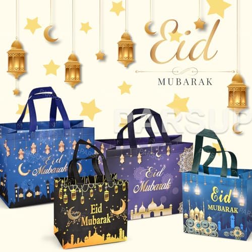 Bolsas de Regalo Reutilizables PARSUP 4 Piezas para Eid, Tamaños Variados con Asas, Patrones Islámicos, Material No Tejido, Ideales para Fiestas y - imagen 6