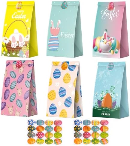 Bolsa de Regalo de Pascua Linelglobal, Paquete de 24 Bolsas de Papel para Fiesta de Pascua, con Huevos, Conejos y Pollitos, Tamaño Pequeño - imagen 1