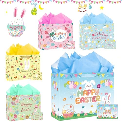 Bolsas de Regalo de Pascua con Asa - Paquete de 5 Bolsas Grandes de 12 Pulgadas con Conejitos y Flores para Fiesta de Búsqueda de Huevos - imagen 1