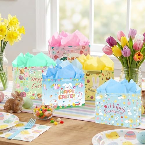 Bolsas de Regalo de Pascua con Asa - Paquete de 5 Bolsas Grandes de 12 Pulgadas con Conejitos y Flores para Fiesta de Búsqueda de Huevos - imagen 2