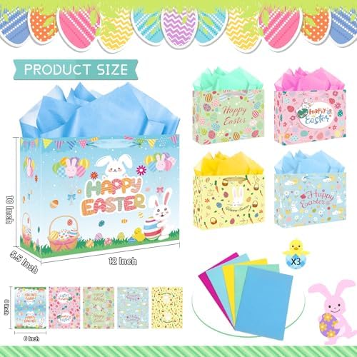 Bolsas de Regalo de Pascua con Asa - Paquete de 5 Bolsas Grandes de 12 Pulgadas con Conejitos y Flores para Fiesta de Búsqueda de Huevos - imagen 3
