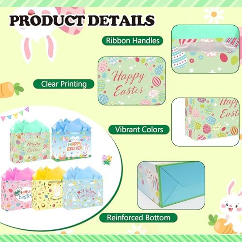Bolsas de Regalo de Pascua con Asa - Paquete de 5 Bolsas Grandes de 12 Pulgadas con Conejitos y Flores para Fiesta de Búsqueda de Huevos - imagen 4