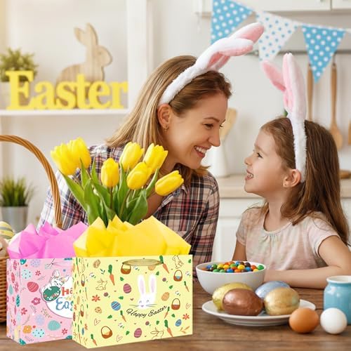 Bolsas de Regalo de Pascua con Asa - Paquete de 5 Bolsas Grandes de 12 Pulgadas con Conejitos y Flores para Fiesta de Búsqueda de Huevos - imagen 6