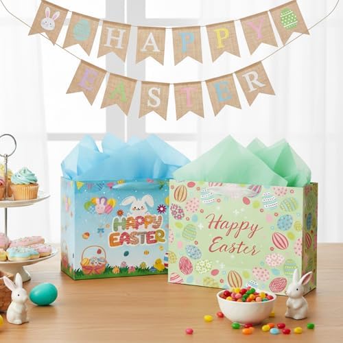 Bolsas de Regalo de Pascua con Asa - Paquete de 5 Bolsas Grandes de 12 Pulgadas con Conejitos y Flores para Fiesta de Búsqueda de Huevos - imagen 7