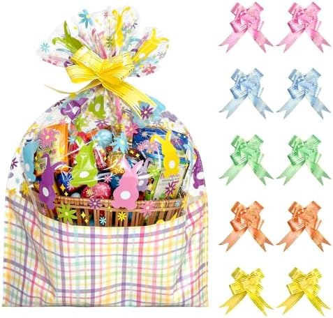 Bolsas de Celofán ASOEMERZ para Cestas de Pascua, 10 Pzs de 18x24 con 10 Lazos, Perfectas para Regalos, Sorpresas y Fiestas de Pascua - imagen 1