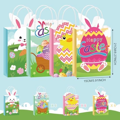 Bolsas de papel de regalo Sweetude para Pascua, 24 piezas con asas, con diseño de conejito y huevos, ideales para fiestas infantiles y dulces - imagen 3