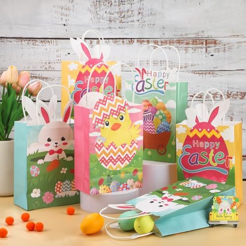 Bolsas de papel de regalo Sweetude para Pascua, 24 piezas con asas, con diseño de conejito y huevos, ideales para fiestas infantiles y dulces - imagen 4